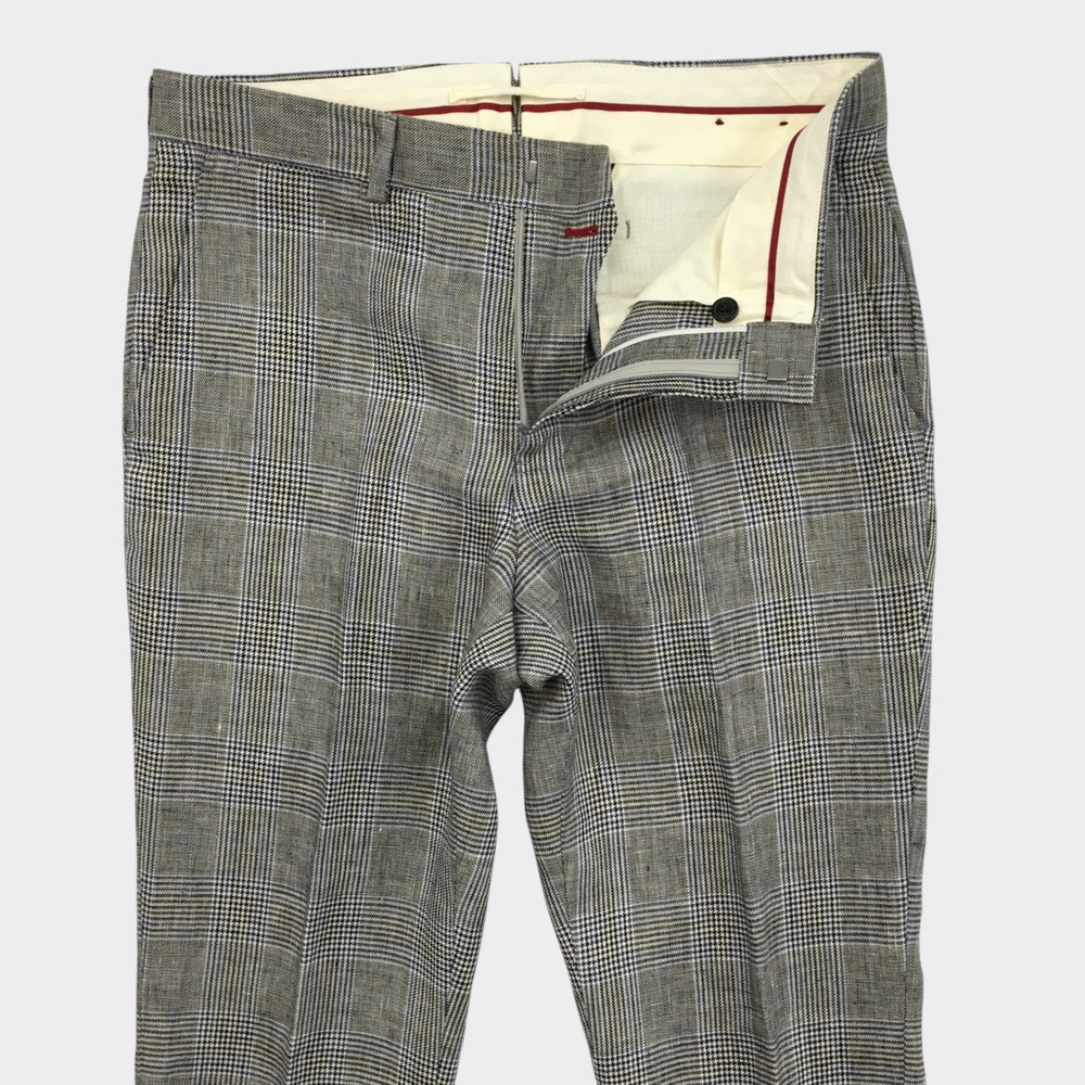 Brooks Brothers Red Fleece Mens Grey Blue Glen Plaid Linen Trousers Size 32